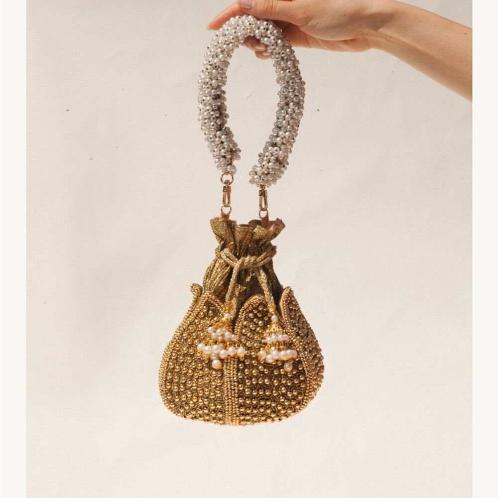 Ramla Leyla Embroided Lotus gold pearl Clutch100% handmade by skilled artisans.